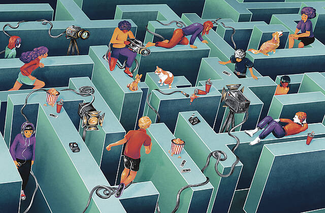 Vft 2023 Das ist ein gezeichnetes Bild. Zu sehen ist ein Labyrinth, ein Irrgarten. Junge Menschen klettern über über die Hindernisse.